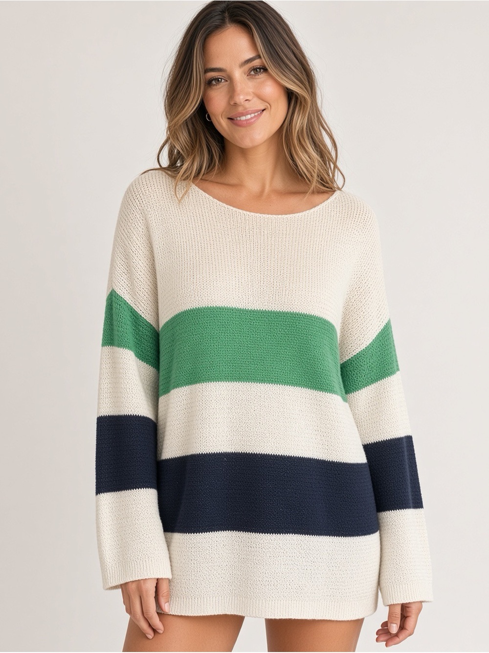 Chaps XL Striped Wide Scoop Sweater Cream Green Navy Open Knit NWT